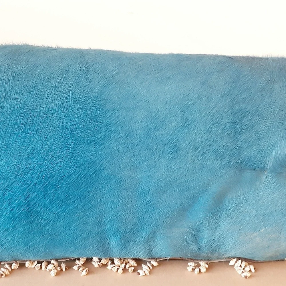 Oversize blue Calf fur throw pillow Decor Nautical Sea Shell trim Accent pillow